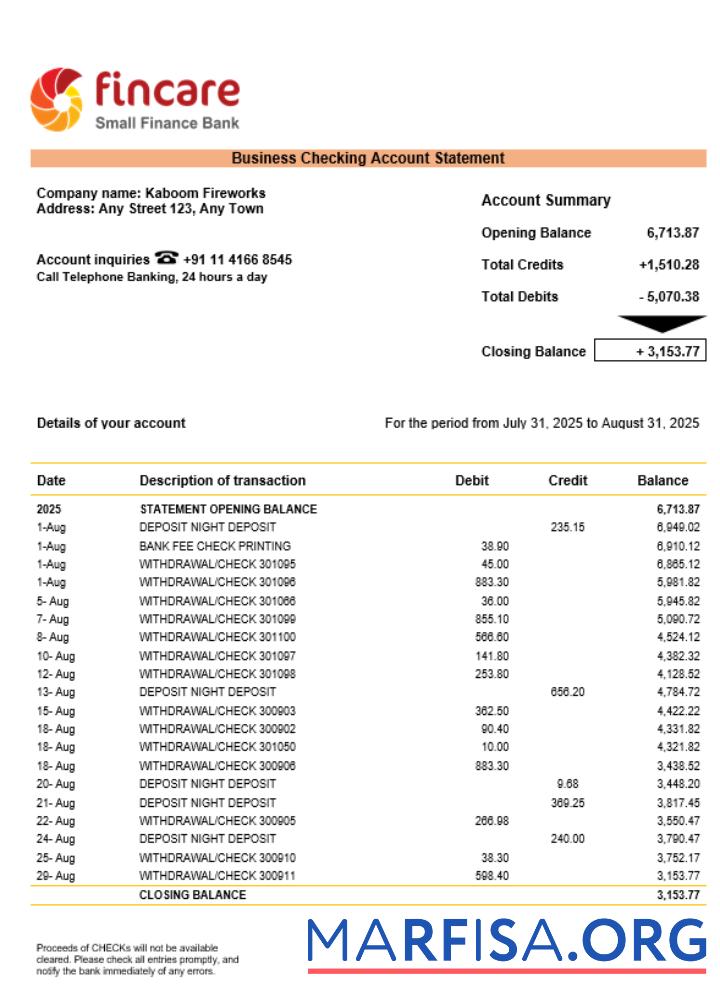 Downloadable Fincare business firm account bank statement Word and PDF format real example